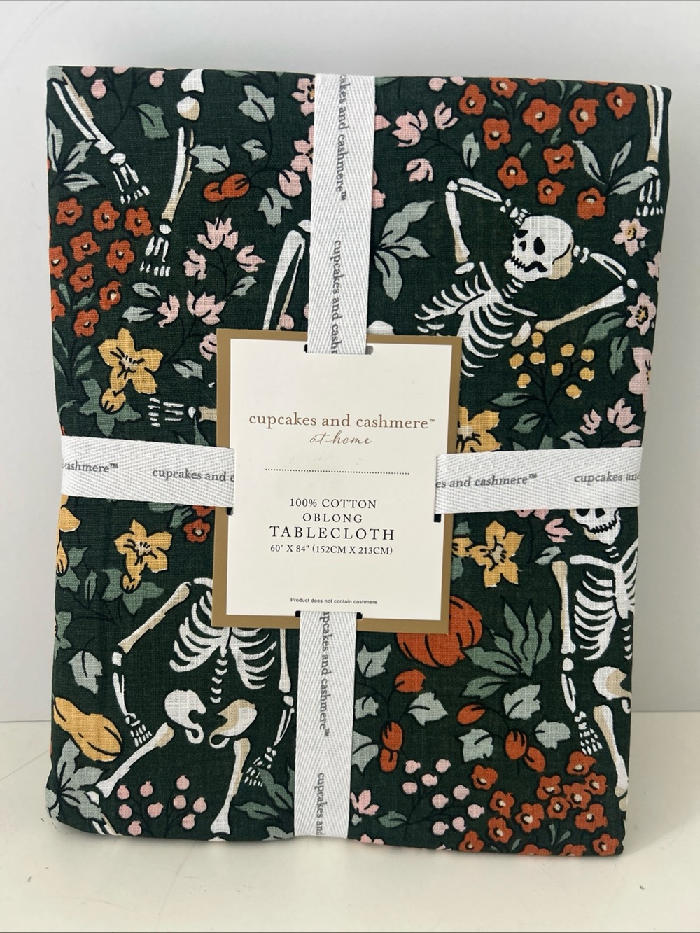 Cupcakes & Cashmere Dark Green Halloween Floral Skeleton Cotton Tablecloth 60X84